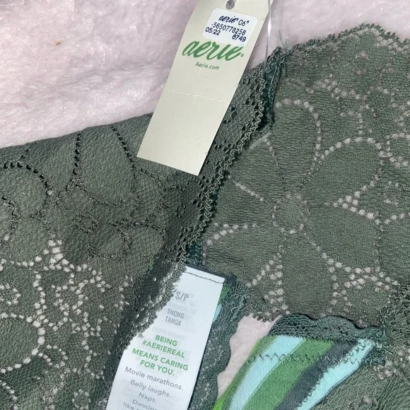 AERIE Candy Lace Top Thong Underwear Panties Sz XS Green Stripes 95% Cotton NWT - Picture 2 of 3